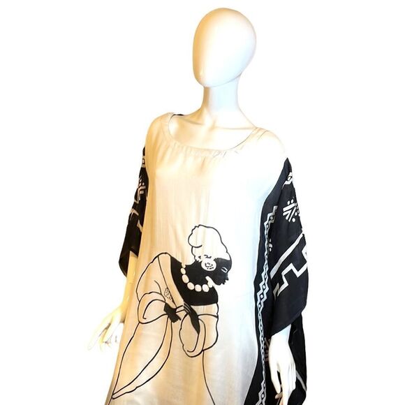 Vintage Y2K Lady Scoop Neck Tassel Kaftan MuMu Beach Cover Up 1X Black White - Picture 9 of 16
